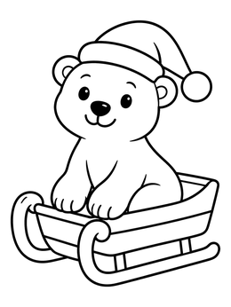 A cheerful baby polar bear coloring page wearing a Santa hat while sitting inside a wooden sled.