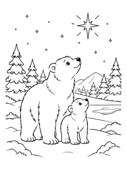 A cute mother and cub polar bear coloring page under a starry sky.