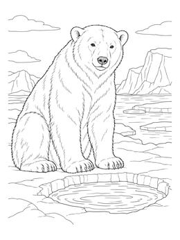 A realistic polar bear coloring page showing the majestic animal sitting by an ice hole in the Arctic.