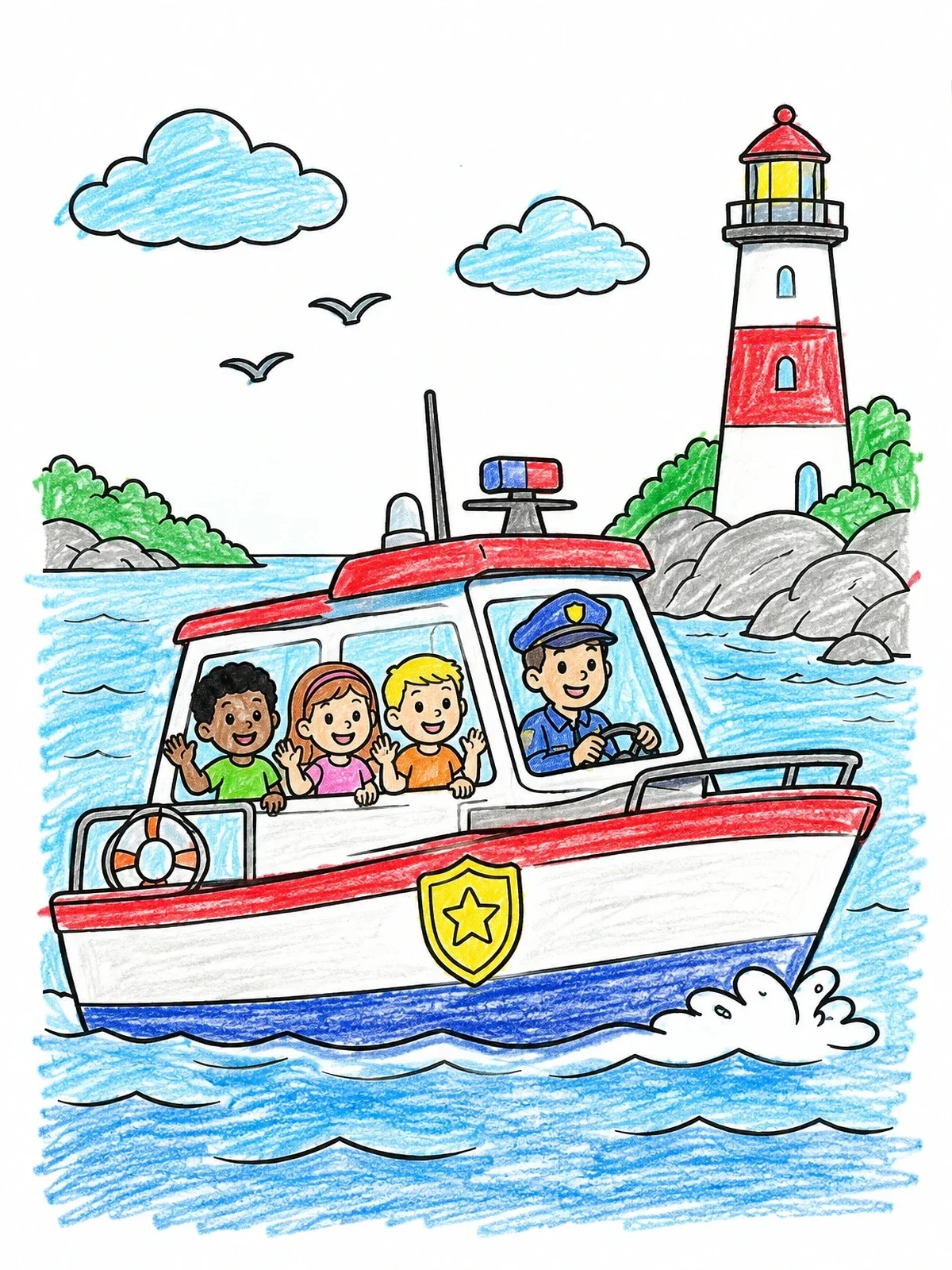 Colored example of the Police Boat Ride Near Lighthouse coloring page