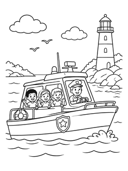 A friendly police boat ride near a lighthouse on this police coloring page.
