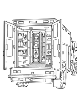 A detailed police truck coloring page showing the open rear doors with protective gear and storage compartments.
