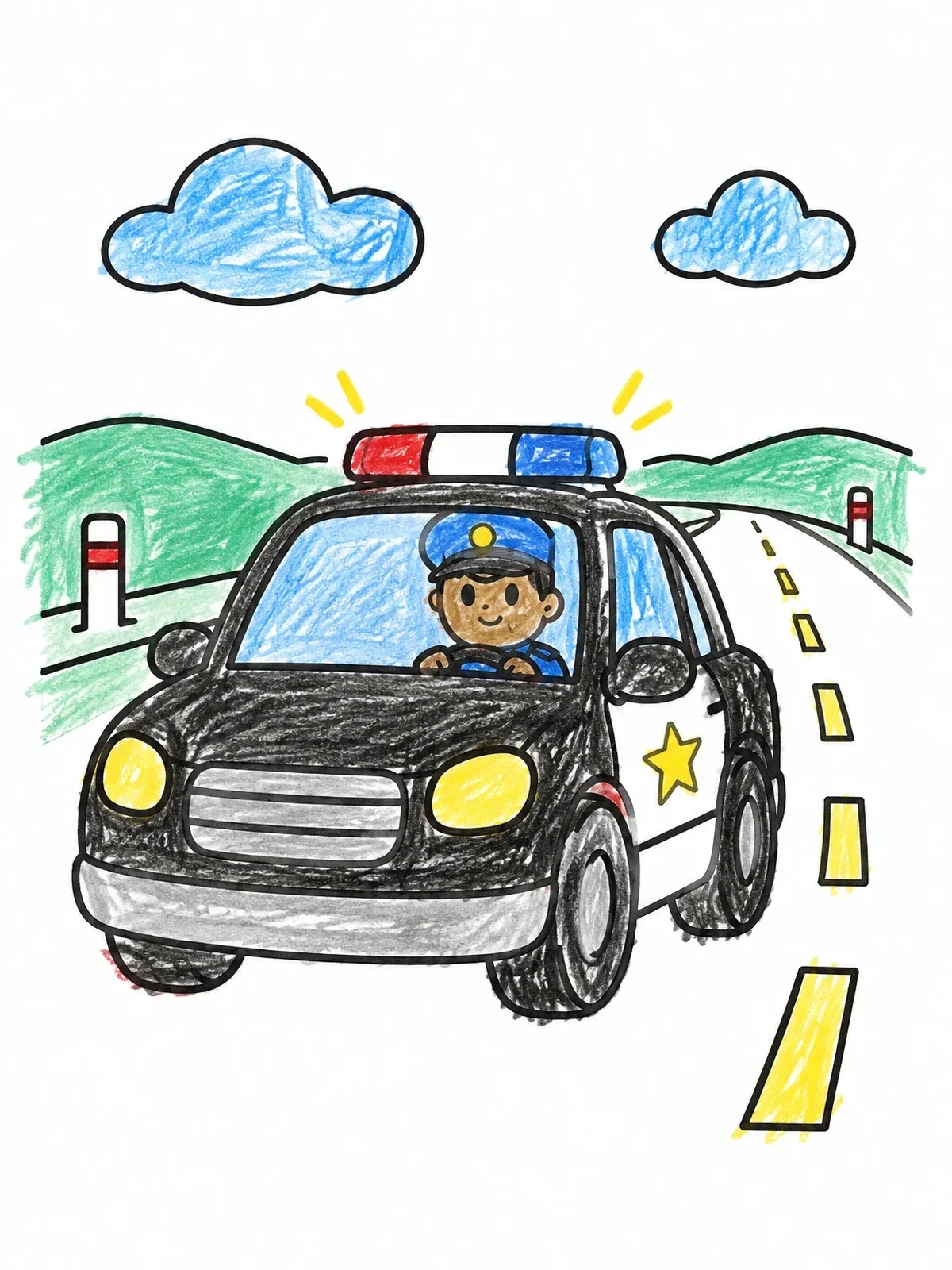 Colored example of the Police Car On The Highway coloring page