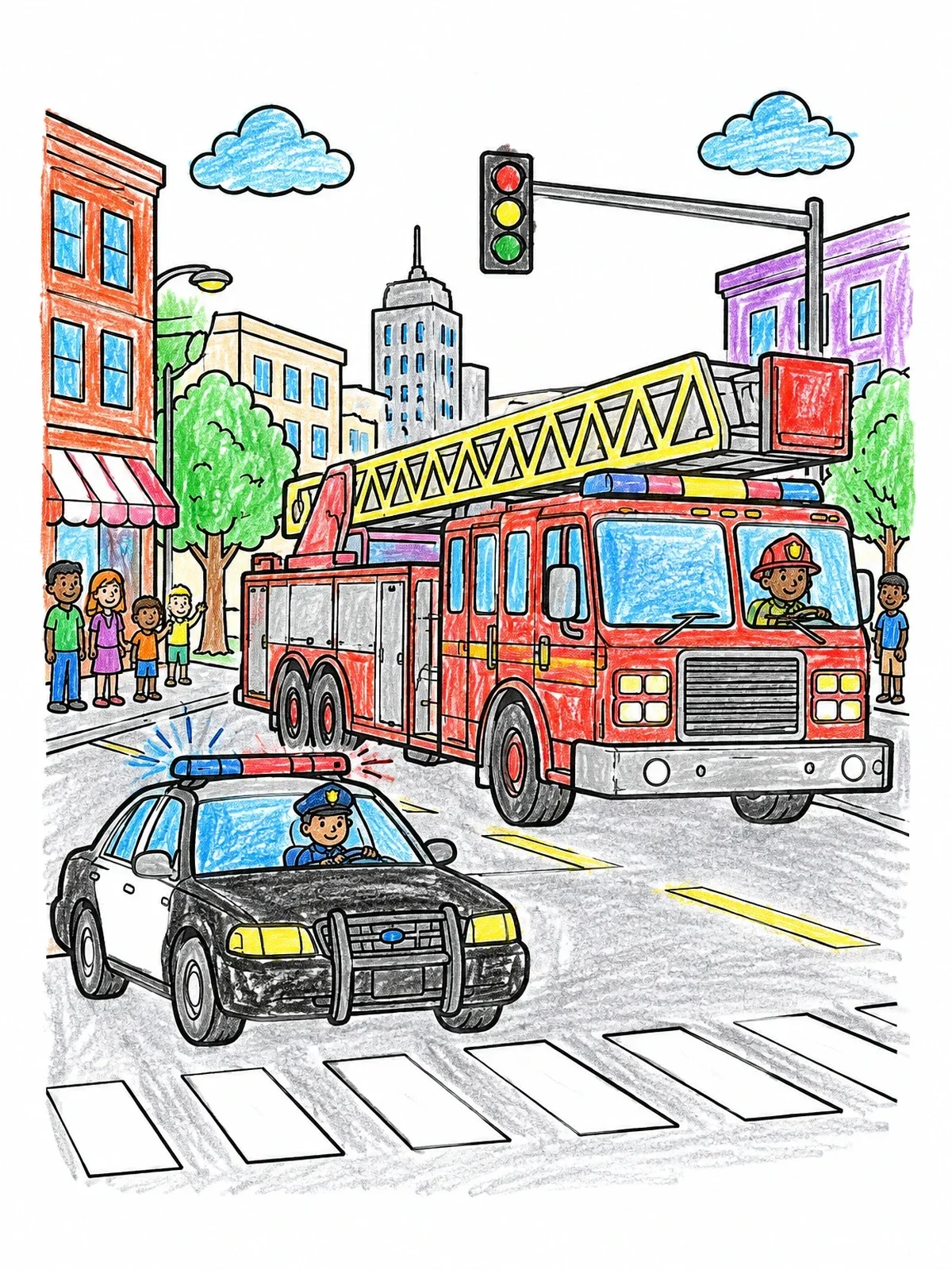 Colored example of the Police Car Escorting Fire Truck coloring page