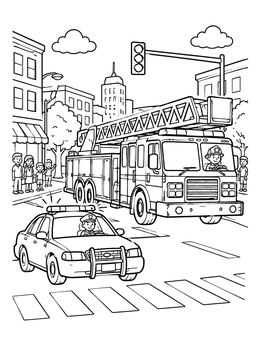 A police car leads an emergency vehicle in this exciting fire truck coloring page.