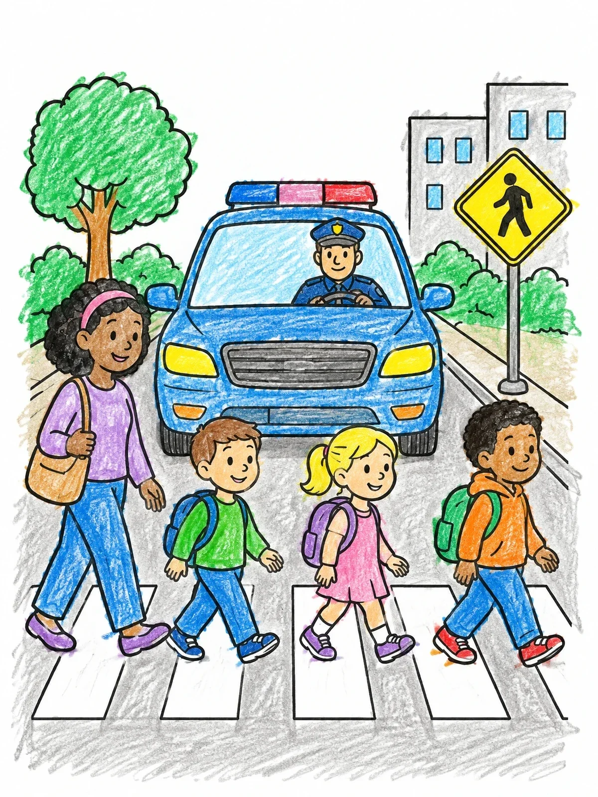 Colored example of the Police Car Waiting At School Crosswalk coloring page