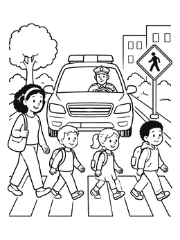 A police coloring page showing children crossing the street safely in front of a patrol car.