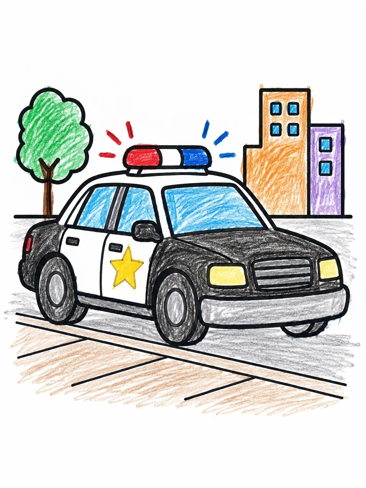 Colored example of the Police Cruiser On City Street coloring page