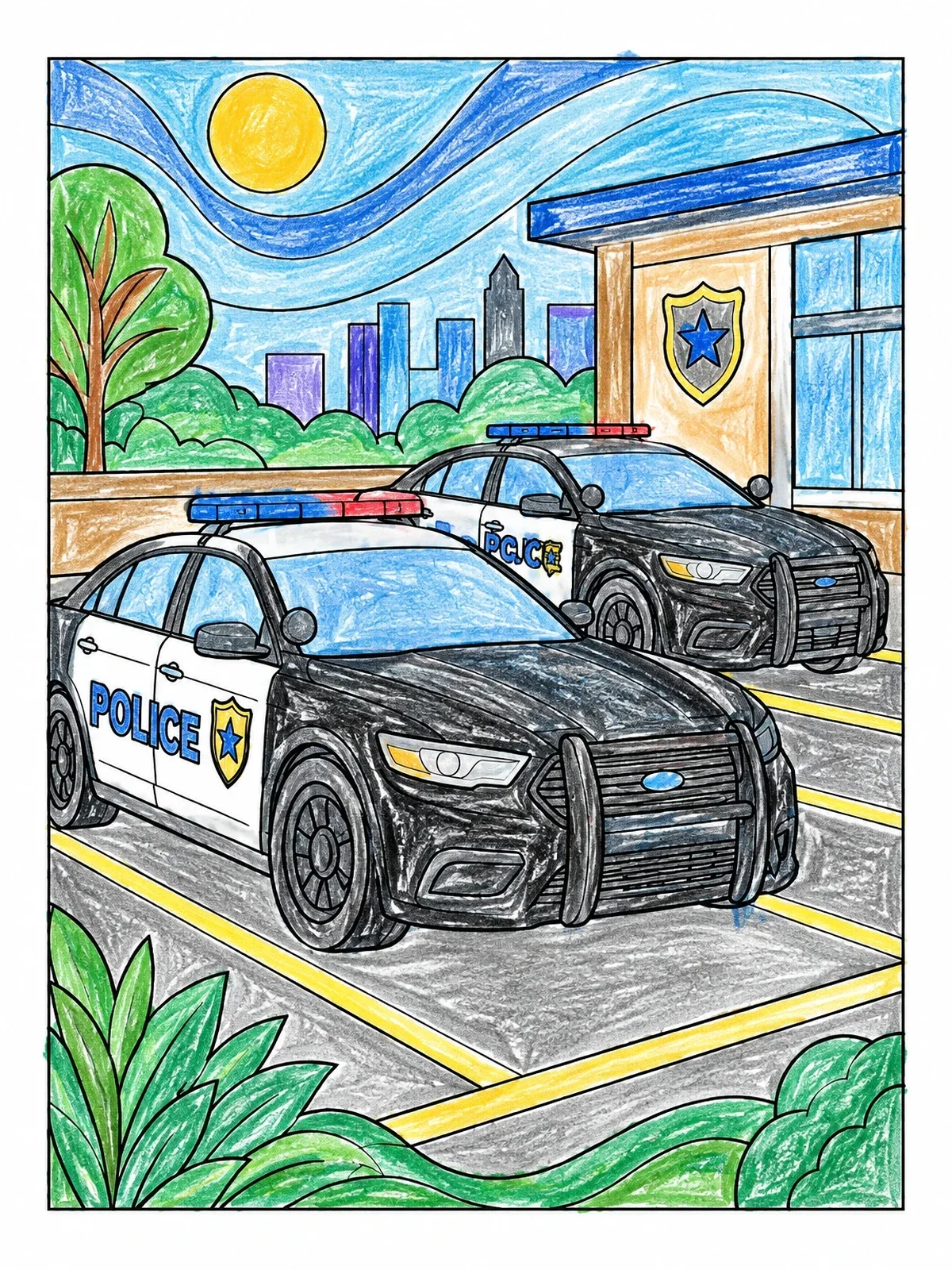 Colored example of the Police Cruisers Parked Outside Station coloring page
