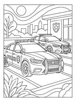 Two patrol cars parked in spots on this detailed police coloring page.