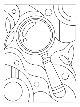 A detective magnifying glass surrounded by abstract patterns in this police coloring page.