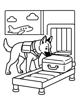 Free printable Police Dog Sniffing Luggage At Airport coloring page