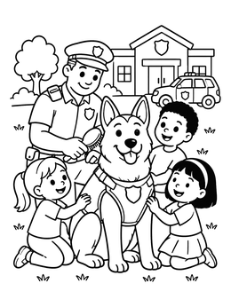 Free printable Friendly Police Dog With Officer And Children coloring page