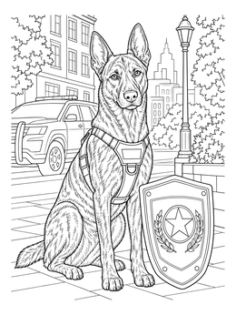 A realistic police dog coloring page featuring a shepherd dog sitting by an emblem in the city.