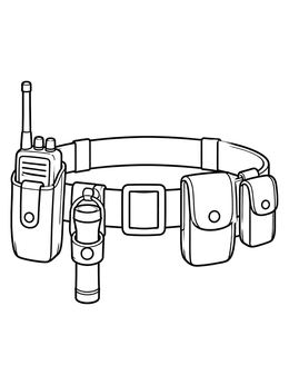 A police duty belt with radio, flashlight, and pouches on this police coloring page.