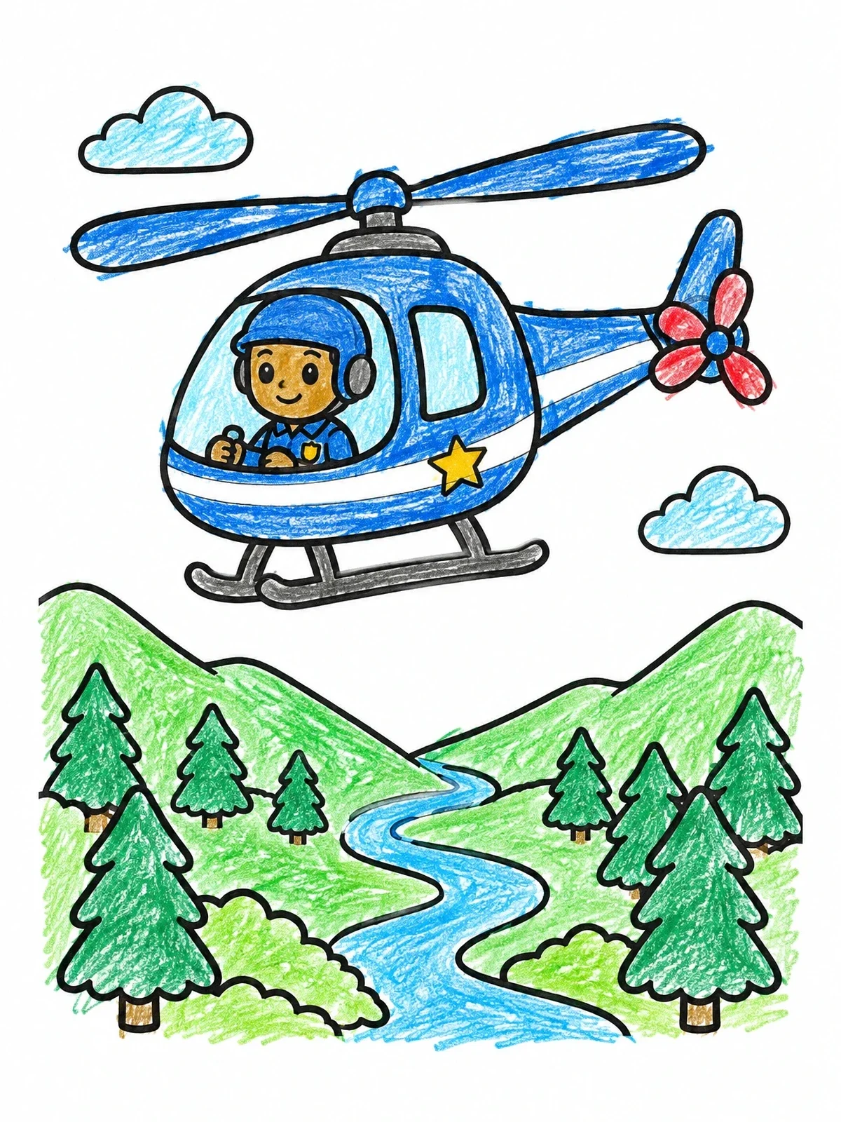Colored example of the Police Helicopter Over Forest Valley coloring page