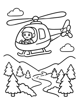 A police coloring page showing a friendly pilot flying a helicopter over trees and hills.