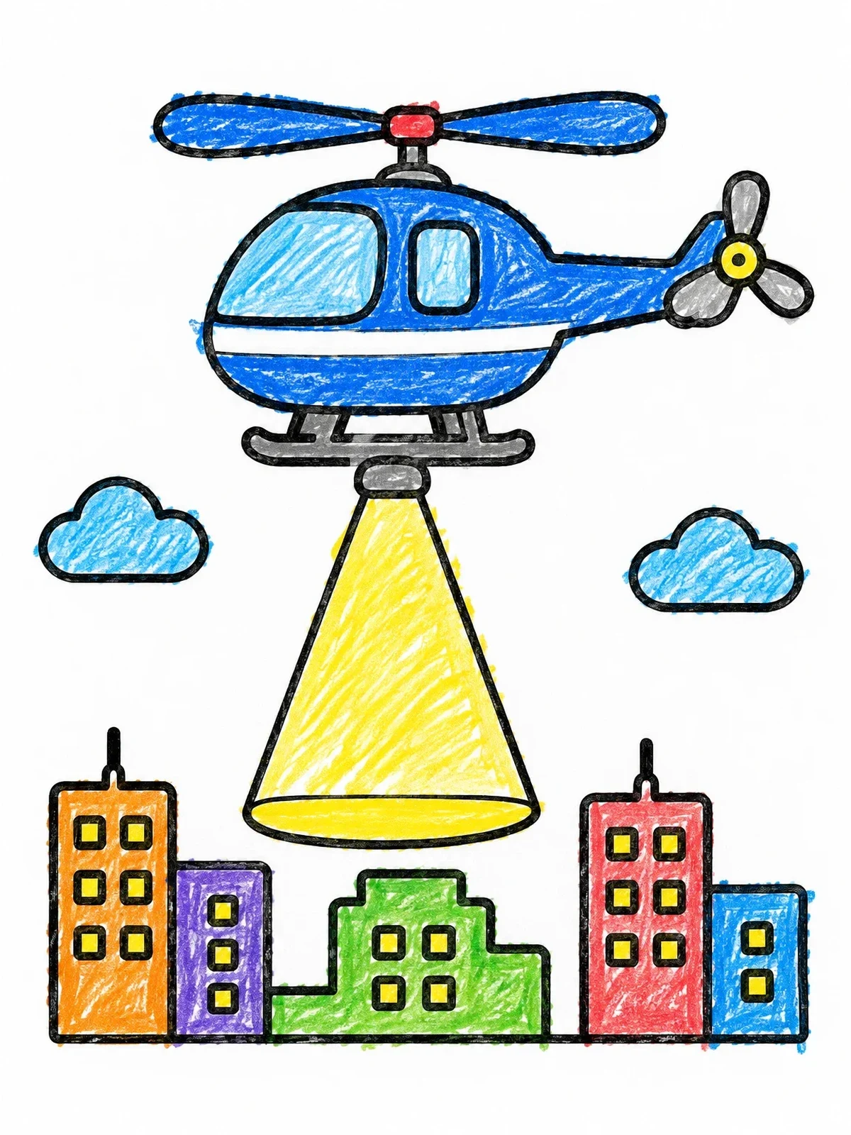 Colored example of the Police Helicopter Shining Light Over City coloring page