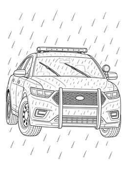 A modern SUV police coloring page showing the patrol car driving through falling rain drops.