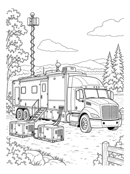 Detailed police truck coloring page showing a mobile command center with antennas parked in nature.