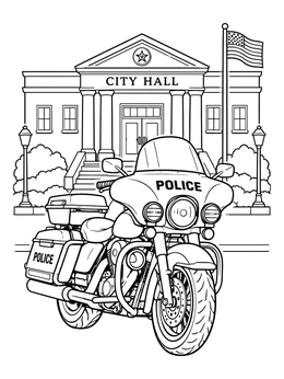 A detailed police motorcycle coloring page parked outside a grand city hall building.