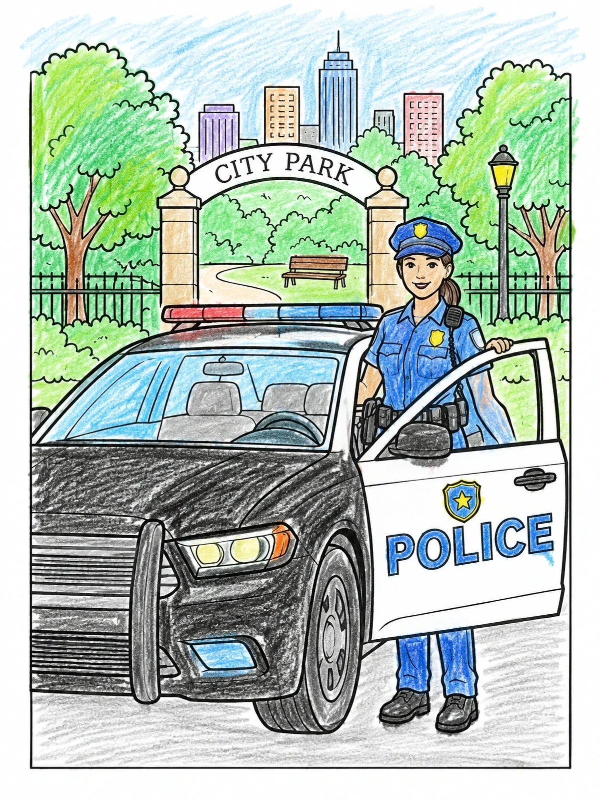 Colored example of the Police Officer By Patrol Car At City Park coloring page