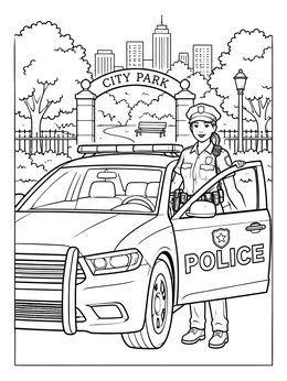 A smiling officer by her patrol car outside a city park in this police coloring page.