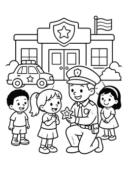 A friendly police officer hands a star badge to happy kids outside in this police station coloring page.