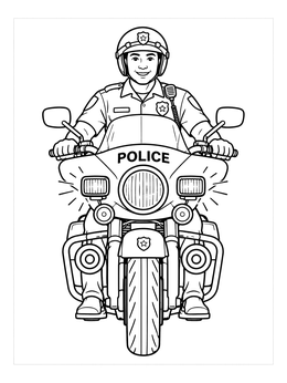 A friendly officer on a patrol bike in this police coloring page.