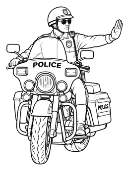 A police motorcycle coloring page showing an officer directing traffic from his bike.
