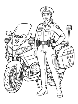 A female officer stands by her patrol bike on this police motorcycle coloring page.