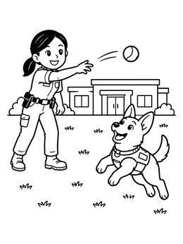 A friendly police officer throwing a ball to a puppy in this police dog coloring page.