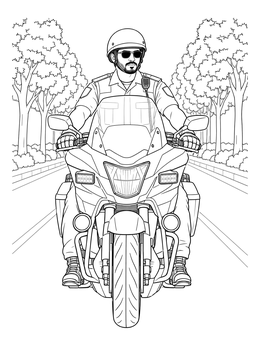 A police officer riding on a motorcycle coloring page down a tree-lined road.