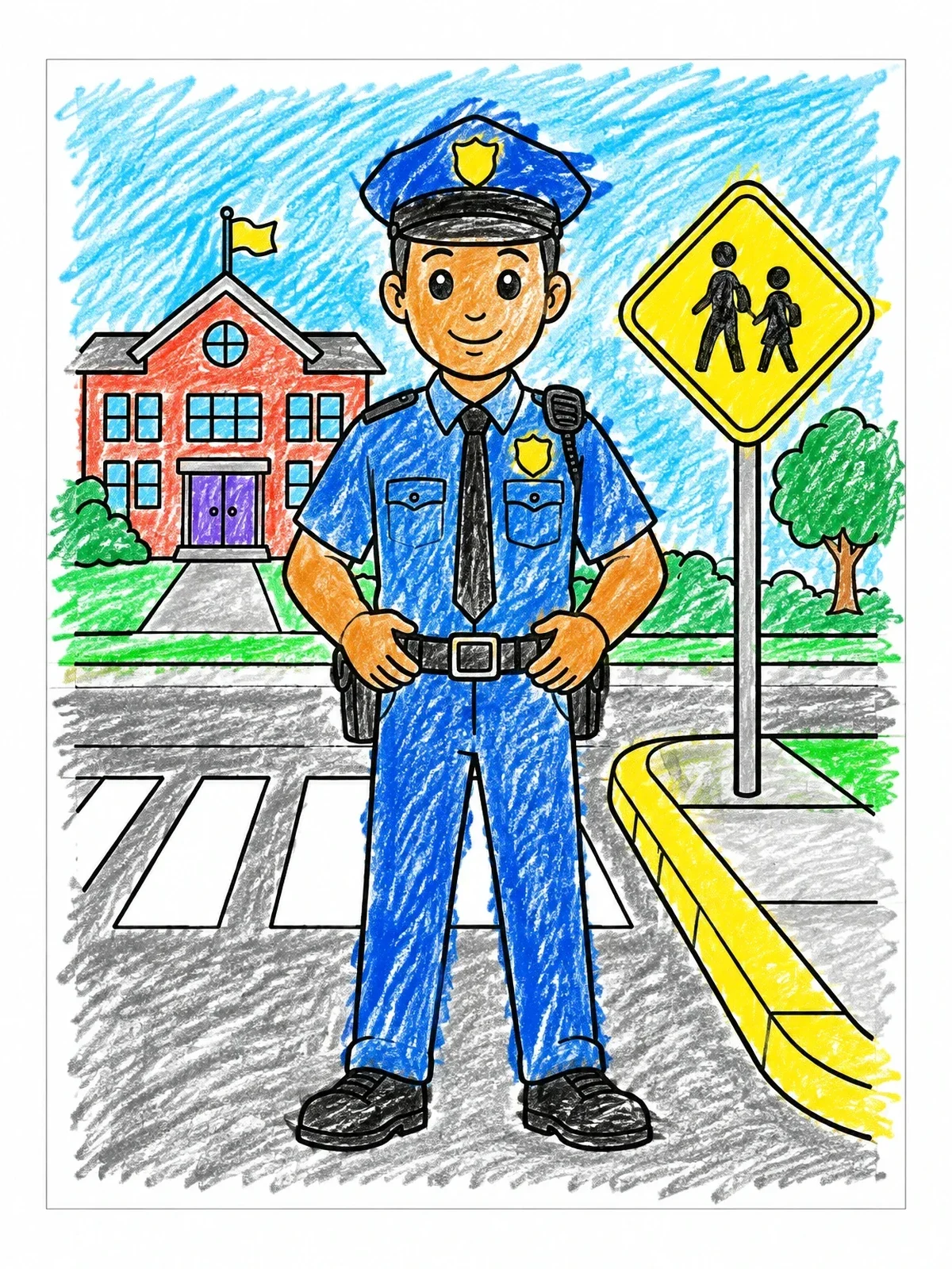 Colored example of the Police Officer At School Crosswalk coloring page
