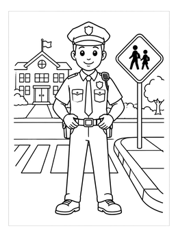 A friendly police officer standing by a school zone crosswalk on this police coloring page.