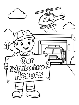 A friendly officer holds a sign in this cheerful police station coloring page.