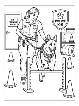 A police station coloring page showing an officer guiding a dog over an agility hurdle.