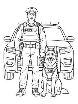 A police dog coloring page showing an officer standing with a German shepherd beside a patrol car.