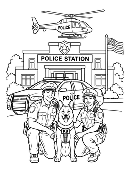 A detailed police station coloring page featuring two friendly officers, a K-9 dog, a patrol car, and a helicopter.