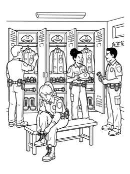 Officers preparing for duty in this police station coloring page.