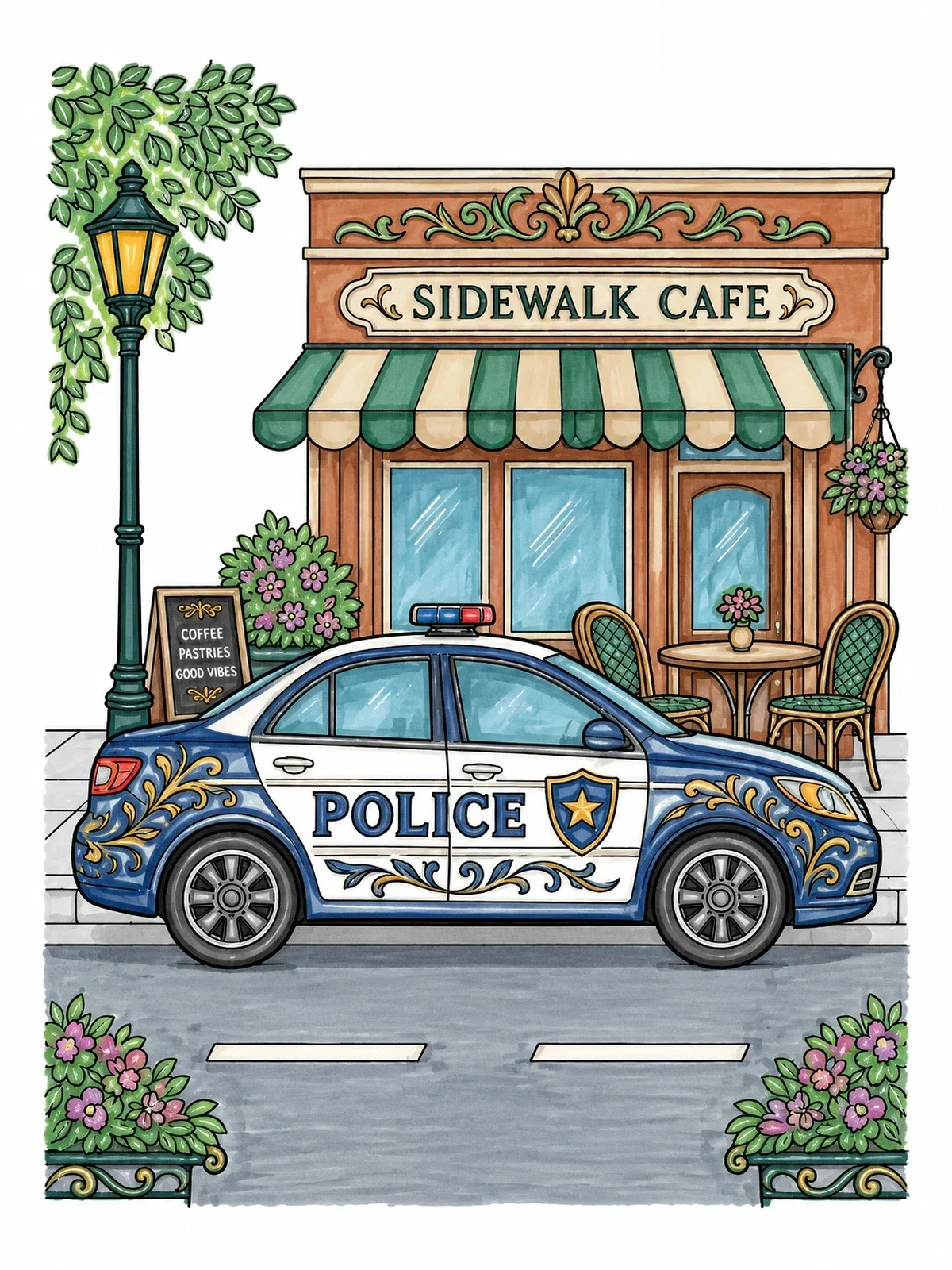 Colored example of the Police Patrol Car By Sidewalk Cafe coloring page