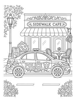 A decorated patrol car parked outside a cafe on this police coloring page.