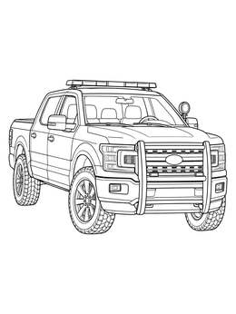 A detailed police coloring page showing a modern pickup truck with rooftop emergency lights.