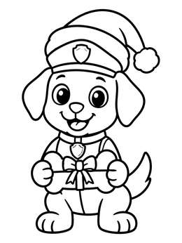 A cute police dog coloring page featuring a festive puppy holding a gift bone.