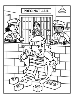 A toy minifigure prisoner breaks through a brick wall in this police station coloring page.