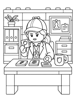 A detective examines clues at her desk on this police station coloring page.
