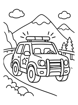 A police coloring page showing a friendly police SUV driving through scenic mountains.