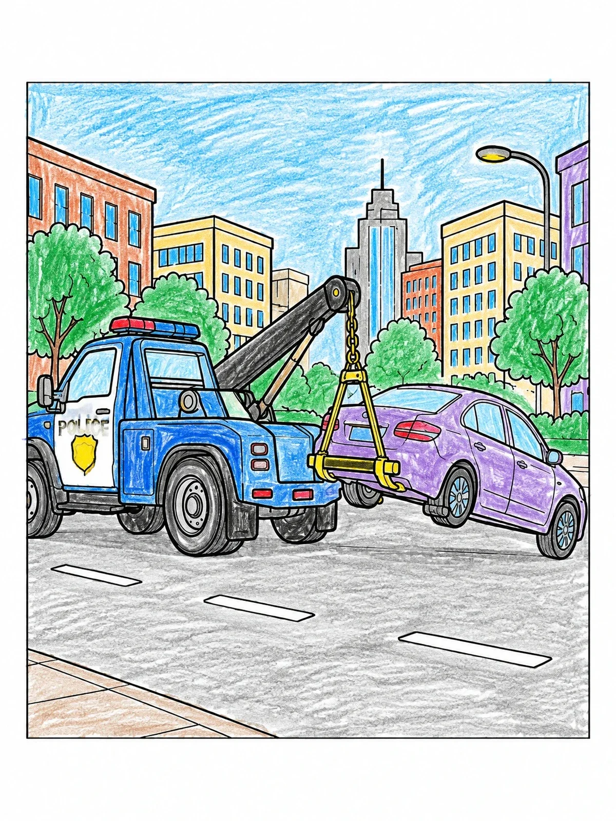 Colored example of the Police Tow Truck On City Street coloring page