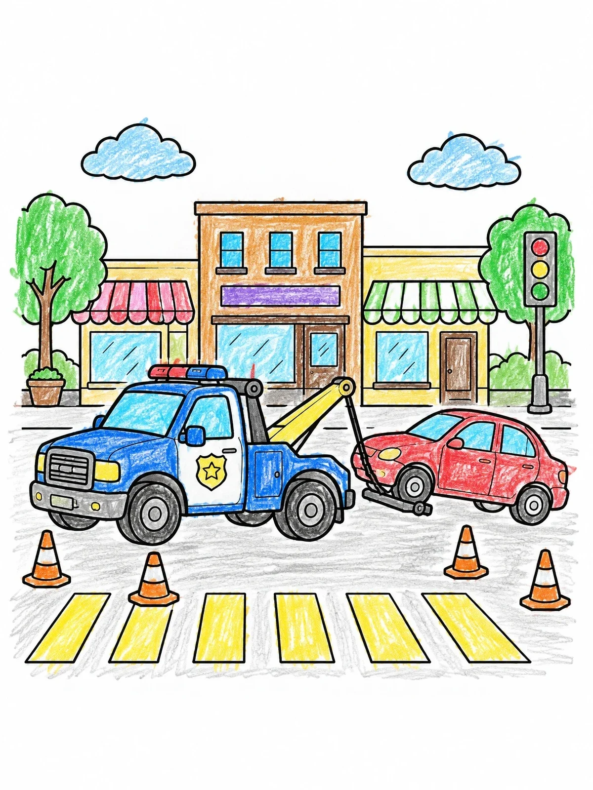 Colored example of the Police Tow Truck In Town coloring page