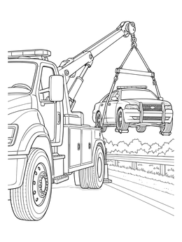 A police truck coloring page showing a heavy-duty tow truck lifting a patrol car with a crane.